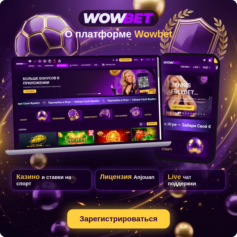 О платформе Wowbet: ноутбук и смартфон с главной страницей, казино и ставки на спорт, лицензия Anjouan, live-чат поддержки