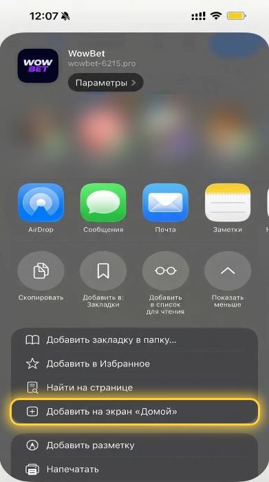 Шаг 3 установки Wowbet на iPhone: в меню Поделиться выберите пункт Добавить на экран Домой